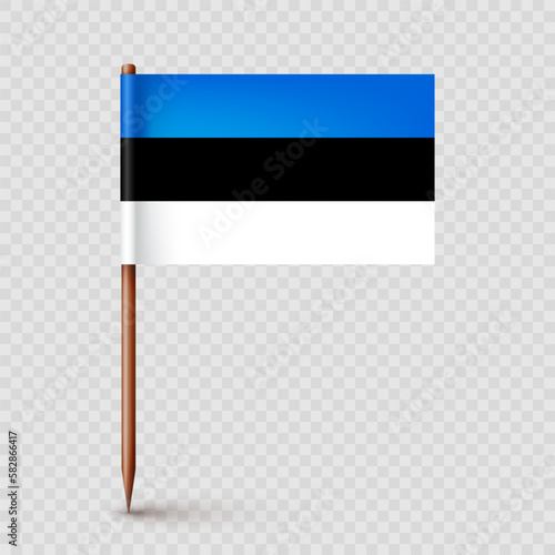 Realistic Estonian toothpick flag. Souvenir from Estonia. Wooden toothpick with paper flag. Location mark, map pointer. Blank mockup for advertising and promotions. Vector illustration