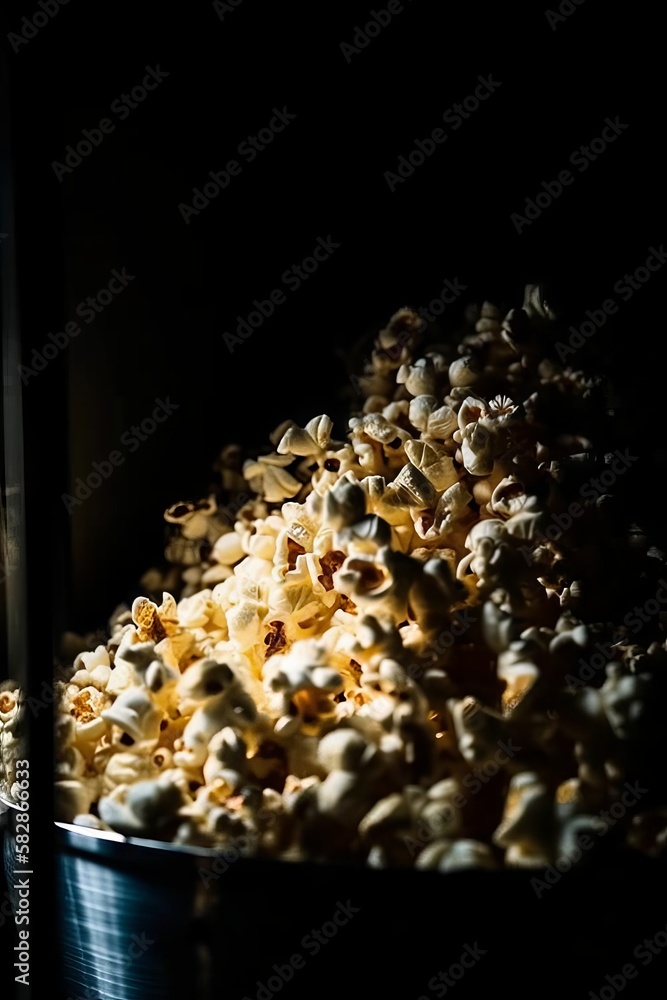 Popcorn ready to eat in a theater bucket or container, with space for text. Generative AI. 