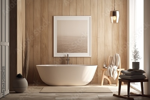 Interior of a bathroom made of wood and beige with a white tub  a tiny chair upholstered in cream  a towel  and a big vertical poster on the wall. a mockup. Generative AI
