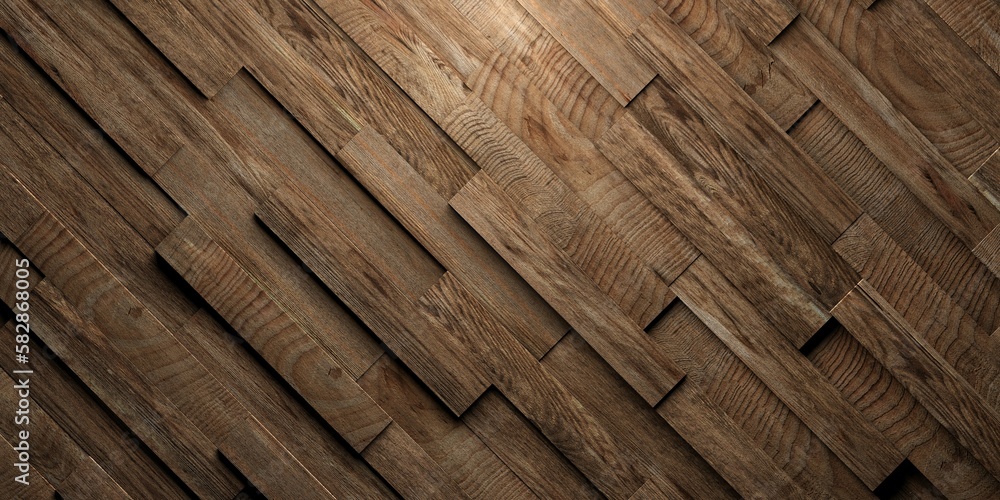 Fototapeta premium Diagonally arranged warm brown wooden boards or planks randomly shifted surface background texture, empty floor or wall hardwood wallpaper