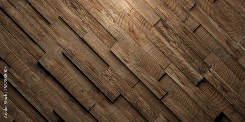 Fototapeta Naklejka Na Ścianę i Meble -  Diagonally arranged warm brown wooden boards or planks randomly shifted surface background texture, empty floor or wall hardwood wallpaper