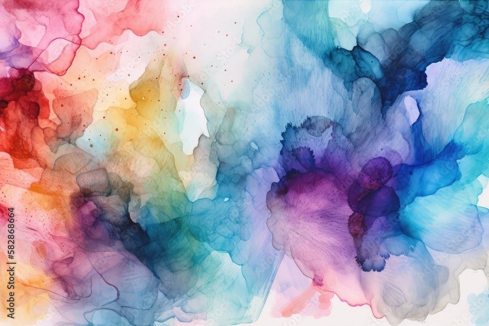 Watercolor texture on white paper, lush, beautiful, overflowing rainbow colours, generative AI.