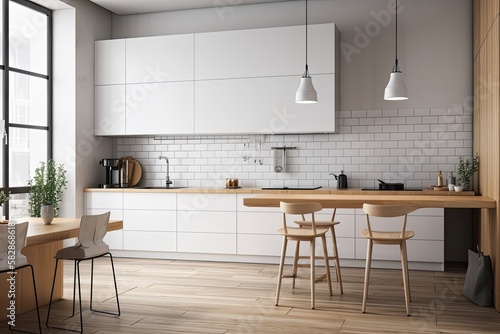 interior wall mockup of a contemporary light kitchen,. Generative AI