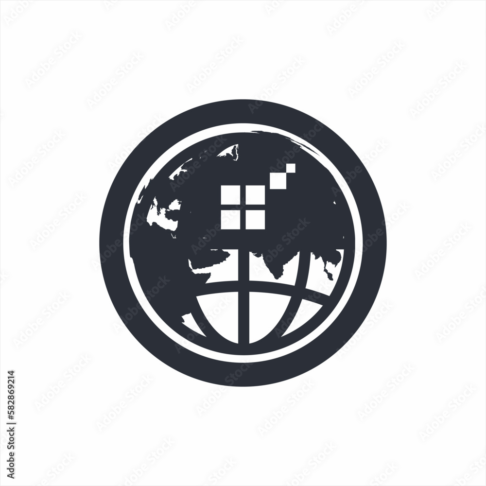World map logo design with window symbol. Window of the world concept logo. World map logo design with window symbol. Window of the world concept logo.