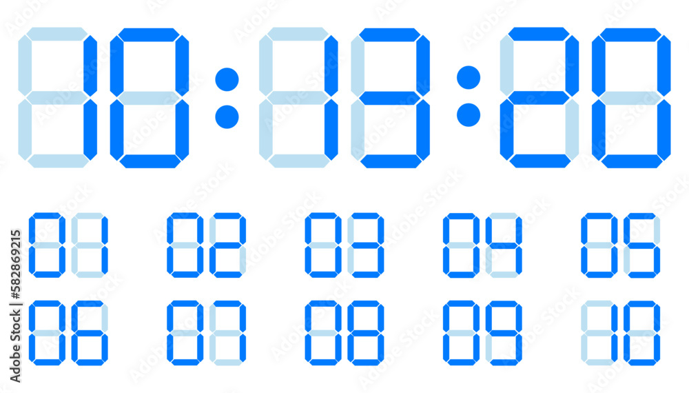Digital flat blue numbers. Vector of isolated digital elements. Blue flat digital clock numbers on white background set eps10