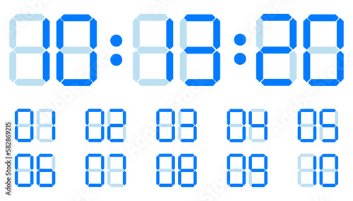 Digital flat blue numbers. Vector of isolated digital elements. Blue flat digital clock numbers on white background set eps10