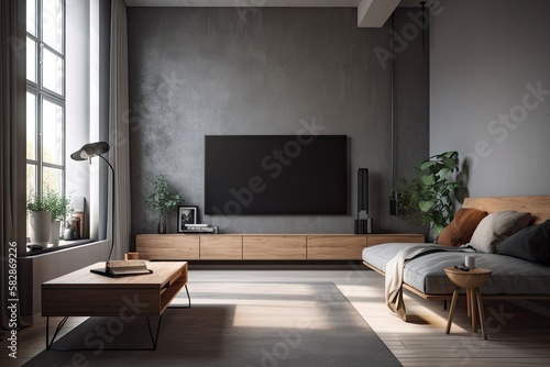 Interior of a living room made of gray and wood  with a TV mounted on the wall and a little sofa next to a large window. a mockup. Generative AI