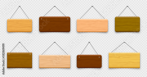 Wooden hanging signboards. Made of wood door sign for cafe, restaurant, bar or retail store. Announcement banner, information signage for business or service. Vector illustration