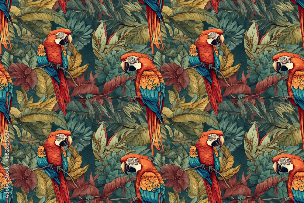 seamless background with pattern of birds parrots in jungle. Generative AI illustration seamless background with pattern of birds parrots in jungle. Generative AI illustration