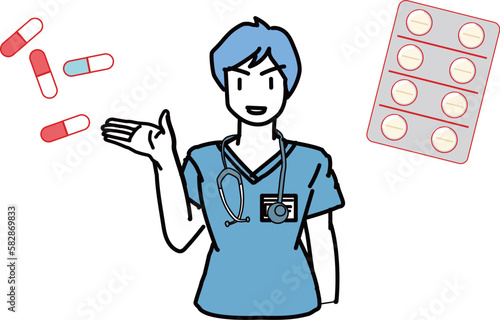 処方箋_薬の説明をする医療従事者男性