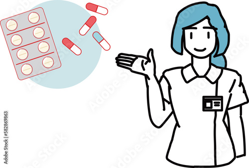 処方箋_薬の説明をする医療従事者女性