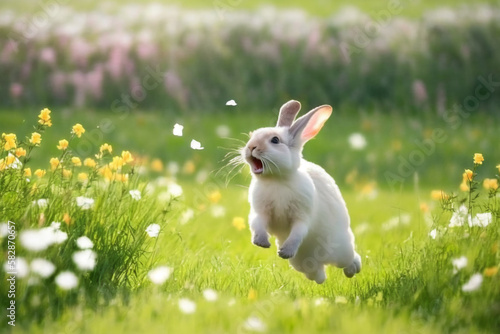 Cute rabbit hopping on a field
