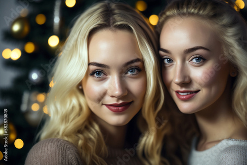 young women on christmas in a room with a christmas tree. Generative AI