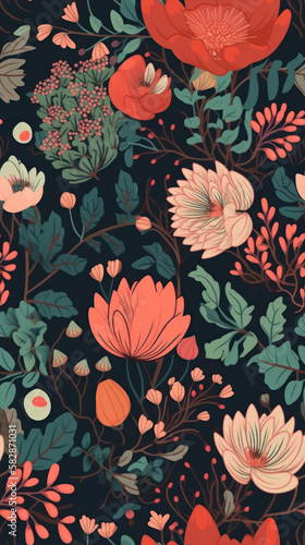 Floral Elegance in Tiles: A Wallpaper Design Infused with Blooming Beauty, Generative AI