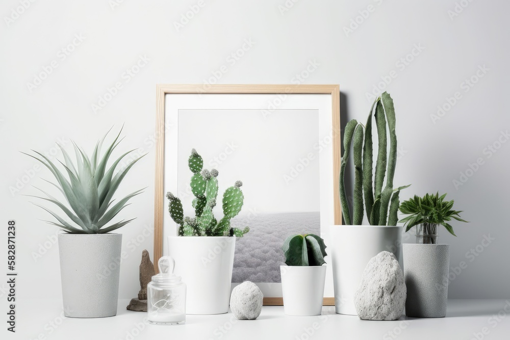 Cactuses in concrete pots are displayed in a white faux frame on a white background. Generative AI
