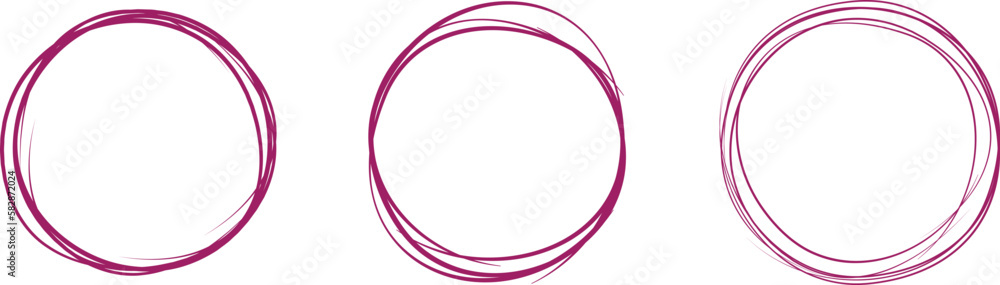 Purple circle line hand drawn set. Highlight hand drawing circle isolated on background. Round handwritten circle. For marking text, note, mark icon, number, marker pen, pencil and text check, vector Purple circle line hand drawn set. Highlight hand drawing circle isolated on background. Round handwritten circle. For marking text, note, mark icon, number, marker pen, pencil and text check, vector