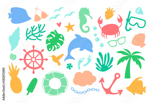 Silhouettes of summer elements flat illustrations set. Shapes of crab, bird, starfish, seahorse, bra, fishes, lifebuoy