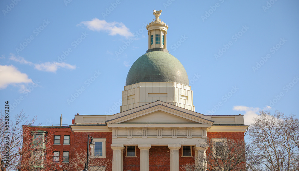 Downtown historical architectural buildings in urban business capital with national tourist landmark for traveling in united states town in new england northeast area 