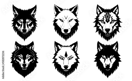 Set of wolf heads with closed mouth, with different angry expressions of the muzzle. Symbols for tattoo, emblem or logo, isolated on a white background.