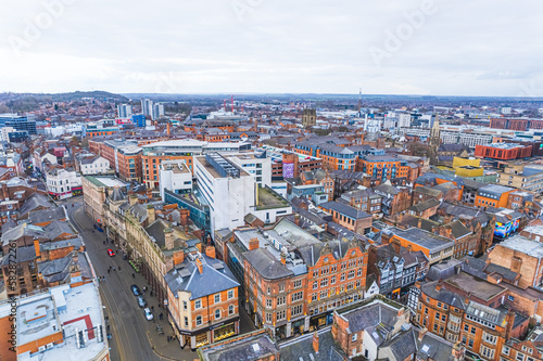 birds-eye view of the accommodations and other buildings in Nottingham city center, United Kingdom. High quality photo