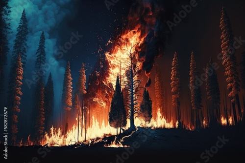 Fire in forest .Wildfire landscape  wildland. Natural ecology disaster. Burning trees and blaze wood at night. Flaming woodland.Generative AI