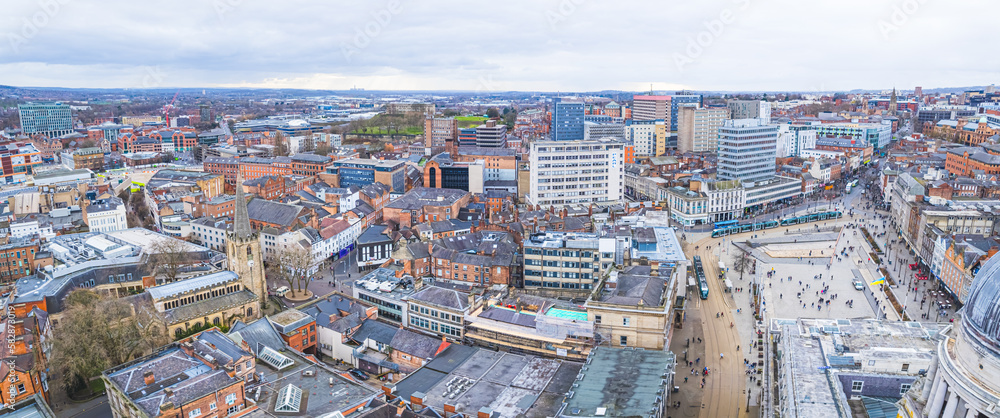 aerial panorama of Old Market Square in Nottingham, United Kingdom. High quality photo