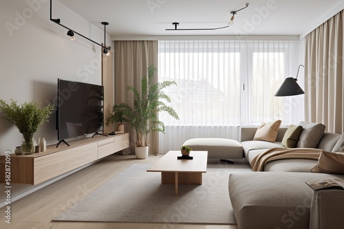 A pleasant living room s interior design includes a TV  a couch  a coffee table  and some faded flowers in a vase. Generative AI