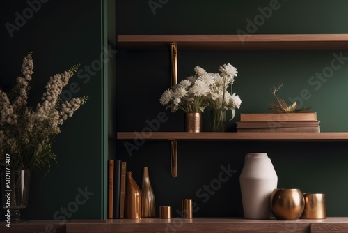 Dark green wall with a copper vase holding a bouquet of white flowers in the backdrop is a beige wooden shelf. Generative AI