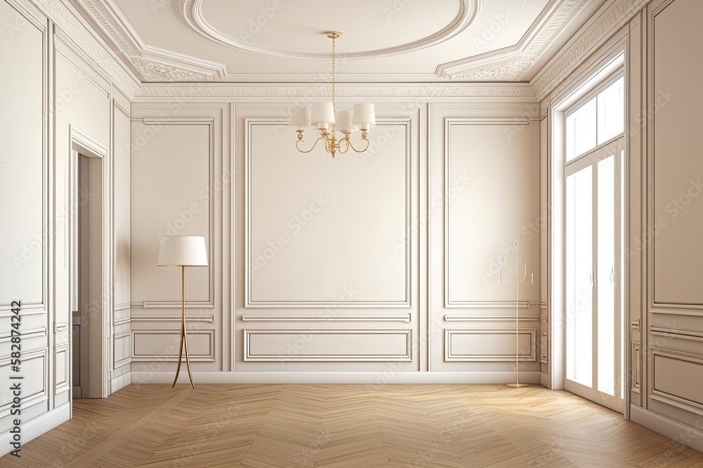 Illustration mockup of a beige classic interior with moldings on the wall. Generative AI