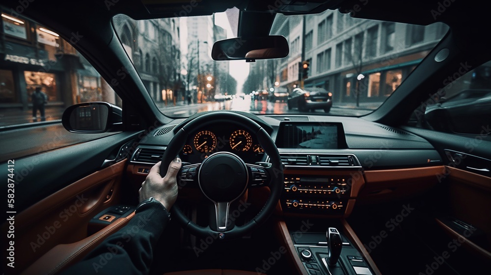 First-person car driver behind the wheel of a car. Generative AI. Stock ...