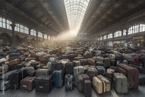 Huge heap of lost luggage in the center of large hall of railway station, AI generative image photo