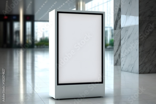 Blank white poster sign dispaly billboard mockup in public building, tile floor, marble, for advertising, marketing, template