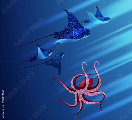 Octopus and manta ray fishes marine animals, sea creatures vector illustration. Blue eagle ray fishes, red octopus mollusk, manta ray scuba. Eagle or devil fish group, stingray giant ocean animals.