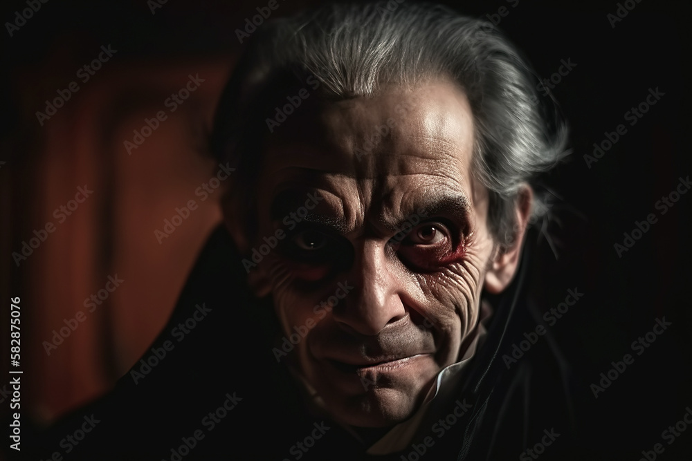Obraz premium old vampire Count Dracula in red cloak in castle. Generative AI illustration