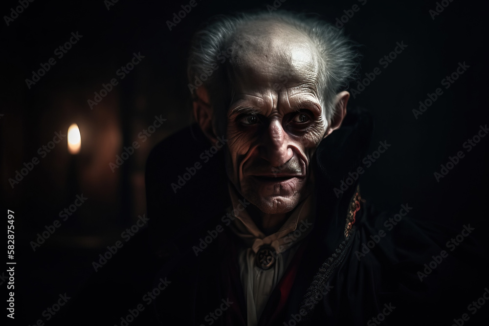 old vampire Count Dracula in red cloak in castle. Generative AI illustration