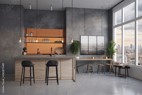 A chic living area and kitchen with orange and gray walls, a concrete floor, a bar with stools next to a mosaic wall, and a window with a hazy skyline. vertical poster mockup. Generative AI
