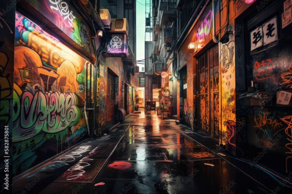 cyberpunk street in night with graffiti 