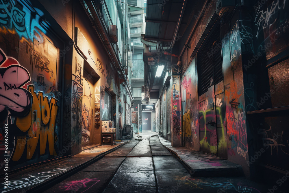 Cyberpunk street in the city with graffiti 