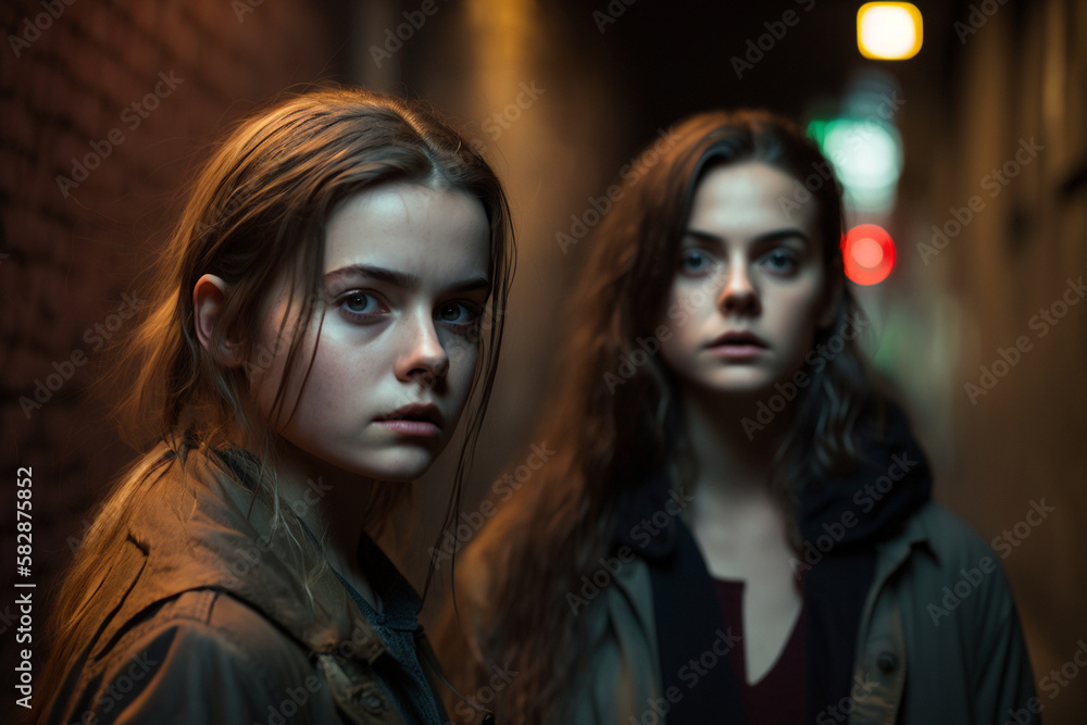 two young girls in a dark alley in a city, puzzled or derogatory facial expression. Generative AI