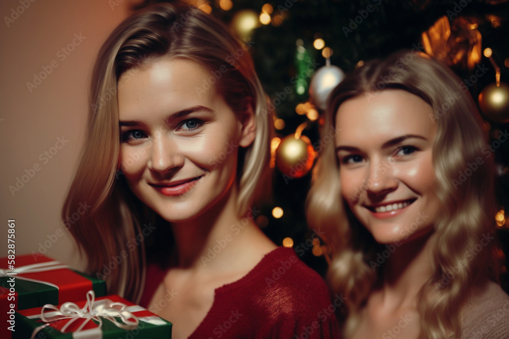 two young adult women, friends or siblings, in front of a christmas tree at christmas. Generative AI