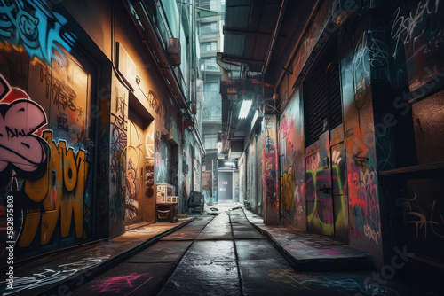 Canvas Print Cyberpunk street in the city with graffiti