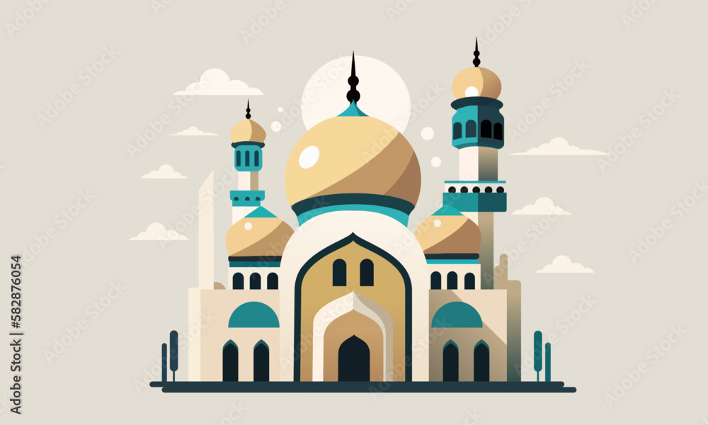 a stylized of a muslim mosque,a flat design of a masjid for Islamic organizations or communities,Beautiful Islam temple icon,crescent and cloud,Vector Illustration,Eid Mubarak greetings,Ramadan Kareem