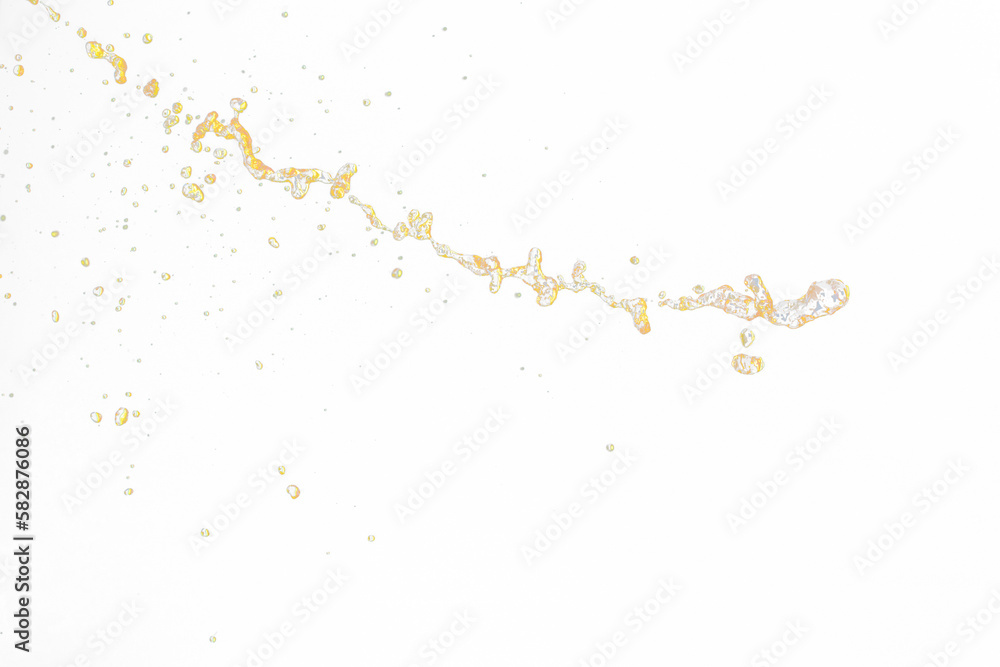 Naklejka premium Orange, lemon juice or oil lubricant splash, liquid gold yellow drink drops. Fruit beverage water elements in line form . Fresh splashing and flowing jets, black background isolated freeze motion