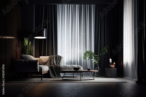 living room in the dark with white curtains. Generative AI