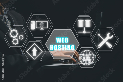 Web hosting concept, Business person using computer with web hosting icon on virtual screen, Internet, business, Technology and network concept.