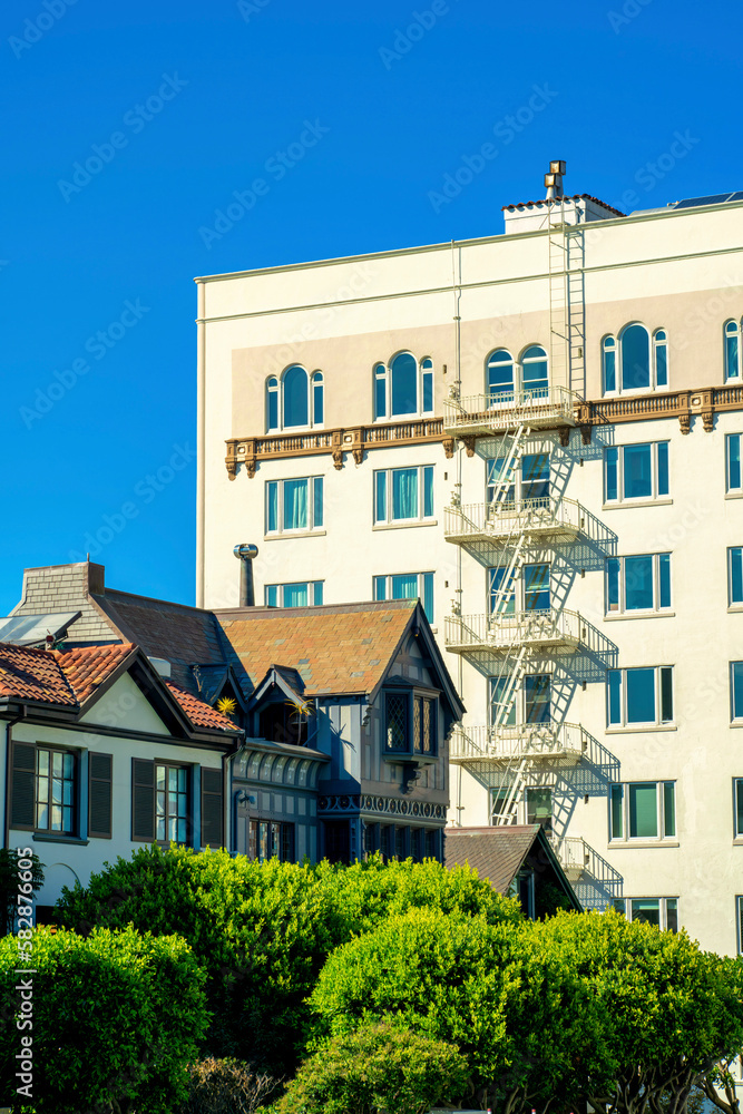 Fototapeta premium Row of modern houses in late afternoon shade with decorative rooftops front yard trees with urban commercial building