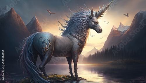 magical horse in the sunset by a river. AI generated. © andredesignstudio