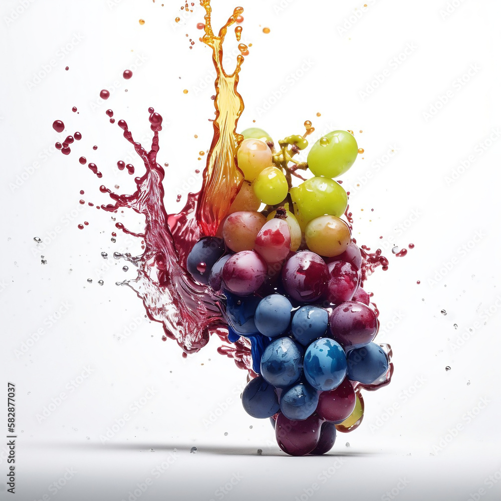 grapes in water splash,melting into vibrations in white background