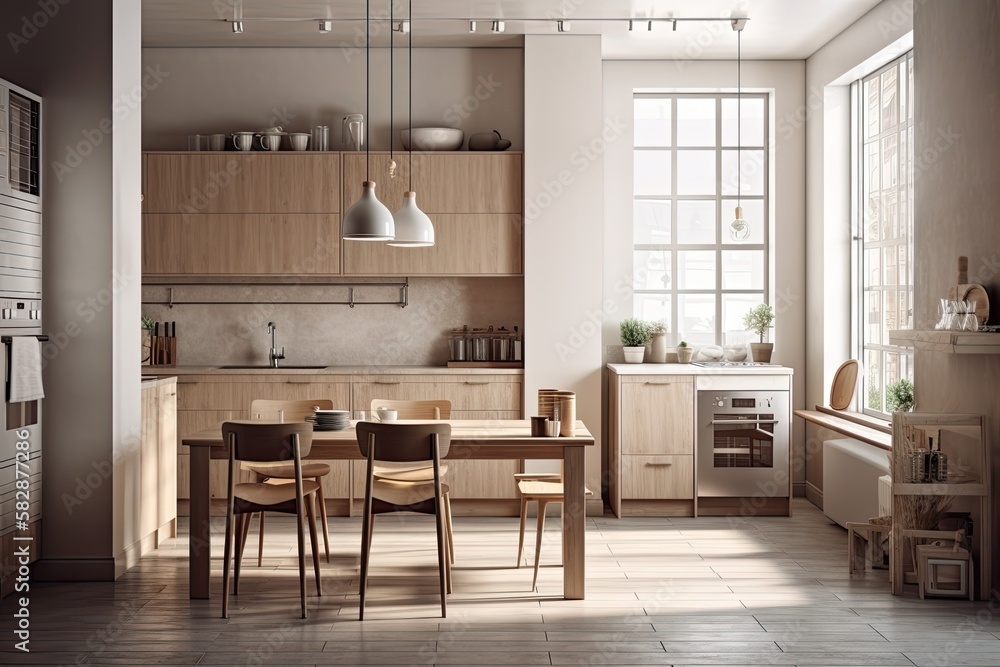 Fototapeta premium Interior of a kitchen with counters, an oven, and a table with stools. the idea of dining at home. a mockup Toned picture. Generative AI
