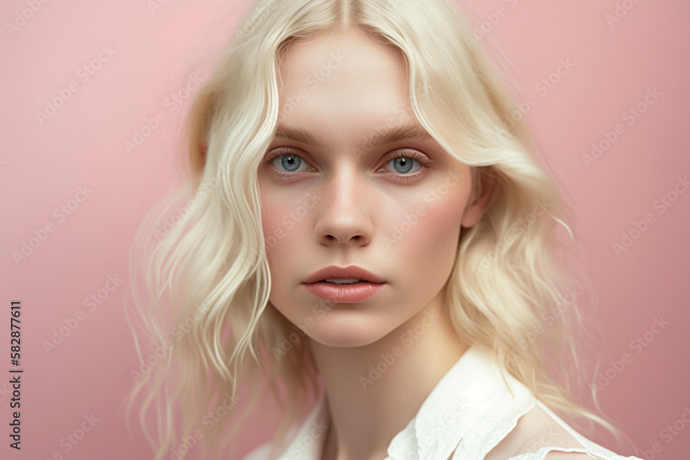 Naklejka premium young adult woman or teenager, hair dyed blonde, against pink background. Generative AI